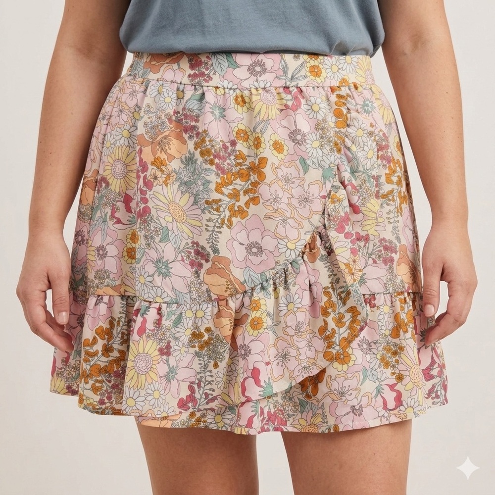 H&M Girls Floral Ruffle‎ Skirt Size 12/14 Pink Boho Tiered Mini Skirt